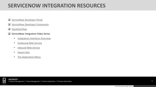 34
HGCONCEPT
IT Service Management | IT Asset Management | IT Service Operations | IT Process Automation
© 2016 HGConcept All Rights Reserved
SERVICENOW INTEGRATION RESOURCES
 ServiceNow Developer Portal
 ServiceNow Developer Community
 StackOverflow
 ServiceNow Integration Video Series
• Integration Interfaces Overview
• Outbound Web Service
• Inbound Web Service
• Import Sets
• The Application Menu
 