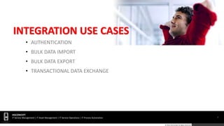 7
HGCONCEPT
IT Service Management | IT Asset Management | IT Service Operations | IT Process Automation
© 2016 HGConcept All Rights Reserved
INTEGRATION USE CASES
• AUTHENTICATION
• BULK DATA IMPORT
• BULK DATA EXPORT
• TRANSACTIONAL DATA EXCHANGE
 