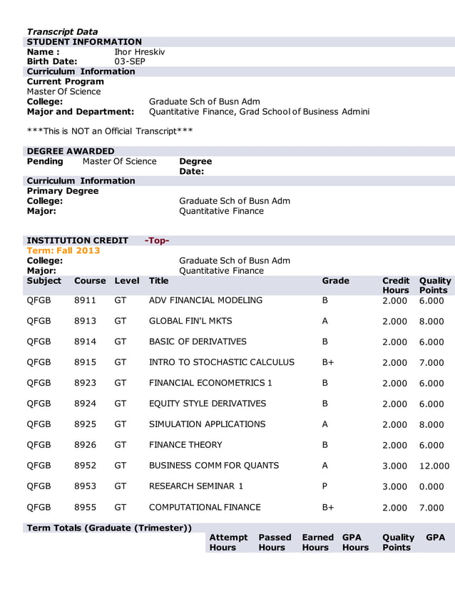 Fordham University Unofficial Transcript PDF