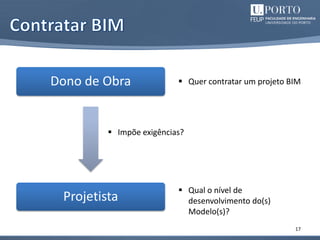 17
Dono de Obra
Projetista
 Quer contratar um projeto BIM
 Qual o nível de
desenvolvimento do(s)
Modelo(s)?
 Impõe exigências?
 