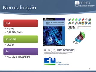 9
EUA
• NBIMS
• GSA BIM Guide
Finlândia
• COBIM
UK
• AEC UK BIM Standard
 