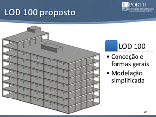 20
LOD 100
• Conceção e
formas gerais
• Modelação
simplificada
 