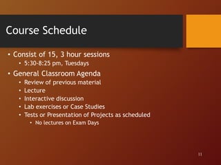 Course Schedule
• Consist of 15, 3 hour sessions
• 5:30-8:25 pm, Tuesdays
• General Classroom Agenda
• Review of previous material
• Lecture
• Interactive discussion
• Lab exercises or Case Studies
• Tests or Presentation of Projects as scheduled
• No lectures on Exam Days
11
 