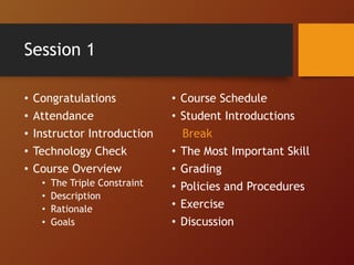 Session 1
• Congratulations
• Attendance
• Instructor Introduction
• Technology Check
• Course Overview
• The Triple Constraint
• Description
• Rationale
• Goals
• Course Schedule
• Student Introductions
Break
• The Most Important Skill
• Grading
• Policies and Procedures
• Exercise
• Discussion
 