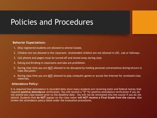 Behavior Expectations:
1. Only registered students are allowed to attend classes.
2. Children are not allowed in the classroom. Unattended children are not allowed in LRC, Lab or hallways.
3. Cell phones and pagers must be turned off and stored away during class
4. Eating and Drinking in classrooms and labs are prohibited.
5. During class time you are NOT allowed to be disrupted by holding personal conversations during lecture or
class discussion.
6. During class time you are NOT allowed to play computer games or access the Internet for unrelated class
materials.
Attendance Policy:
It is required that attendance is recorded daily since many students are receiving state and federal money that
requires positive attendance verification. You will receive a “0” for positive attendance verification if you do
not attend one class session prior to the deadline date. You will not be reinstated into the course if you do not
attend. Students that do NOT appear on the class roster will NOT receive a Final Grade from the course. Also
review the attendance policy listed under the evaluation procedures.
Policies and Procedures
 