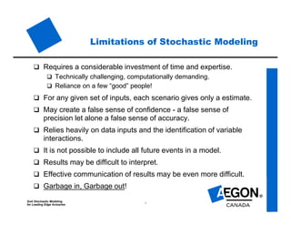SoA Stochastic Modeling
for Leading Edge Actuaries 7
Limitations of Stochastic Modeling
 Requires a considerable investment of time and expertise.
 Technically challenging, computationally demanding.
 Reliance on a few “good” people!
 For any given set of inputs, each scenario gives only a estimate.
 May create a false sense of confidence - a false sense of
precision let alone a false sense of accuracy.
 Relies heavily on data inputs and the identification of variable
interactions.
 It is not possible to include all future events in a model.
 Results may be difficult to interpret.
 Effective communication of results may be even more difficult.
 Garbage in, Garbage out!
 