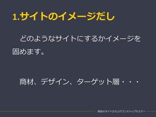 1.サイトのイメージだし
独自ECサイト立ち上げワンストップセミナー
どのようなサイトにするかイメージを
固めます。
商材、デザイン、ターゲット層・・・
 