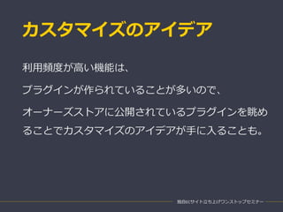 カスタマイズのアイデア
独自ECサイト立ち上げワンストップセミナー
利用頻度が高い機能は、
プラグインが作られていることが多いので、
オーナーズストアに公開されているプラグインを眺め
ることでカスタマイズのアイデアが手に入ることも。
 