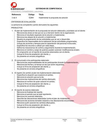 ESTÁNDAR DE COMPETENCIA
Formato de Estándar de Competencia
N-FO-02
Versión:
7.0
Página:
7 de 8
Referencia Código Título
3 de 4 E2961 Implementar la propuesta de solución
CRITERIOS DE EVALUACIÓN
La persona es competente cuando demuestra los siguientes:
PRODUCTOS
1. El plan de implementación de la propuesta de solución elaborado y acordado con el cliente:
 Menciona las áreas en las que se va a intervenir dentro de la organización,
 Menciona el resultado esperado de la solución a implementar,
 Menciona las etapas de la solución a implementar,
 Muestra la programación de las actividades que se van a desarrollar,
 Especifica los responsables de la realización de las actividades programadas,
 Incluye las acciones y tiempos para la capacitación del personal involucrado,
 Especifica los recursos a utilizar por cada etapa,
 Define los mecanismos de control y seguimiento durante la implementación,
 Menciona el nombre y cargo de quienes pueden autorizar modificaciones al plan,
 Es congruente con el reporte de acuerdos alcanzados con el cliente,
 Incluye la firma de aceptación del cliente, y
 Se presenta sin errores ortográficos
2. El comunicado a los participantes elaborado:
 Menciona las responsabilidades de los participantes durante la implementación,
 Menciona las fechas y el tiempo en las que serán requeridos,
 Incluye la firma de aceptación del cliente, y
 Se presenta sin errores ortográficos
3. El registro de cambio al plan de implementación elaborado:
 Especifica la situación que ocasionó el cambio,
 Menciona la solución que se le dio,
 Menciona las implicaciones del cambio efectuado,
 Menciona el nombre de quien autorizó el cambio,
 Incluye la firma de aceptación del cliente, y
 Se presenta sin errores ortográficos
4. El reporte de avance elaborado
 Menciona la finalidad del reporte,
 Menciona el periodo que se está reportando,
 Menciona los avances obtenidos,
 Describe las desviaciones detectadas contra el plan de implantación,
 Menciona las acciones tomadas respecto a las desviaciones encontradas,
 Menciona quién autorizó los cambios efectuados,
 Incluye la firma de aceptación del cliente, y
 Se presenta sin errores ortográficos
 