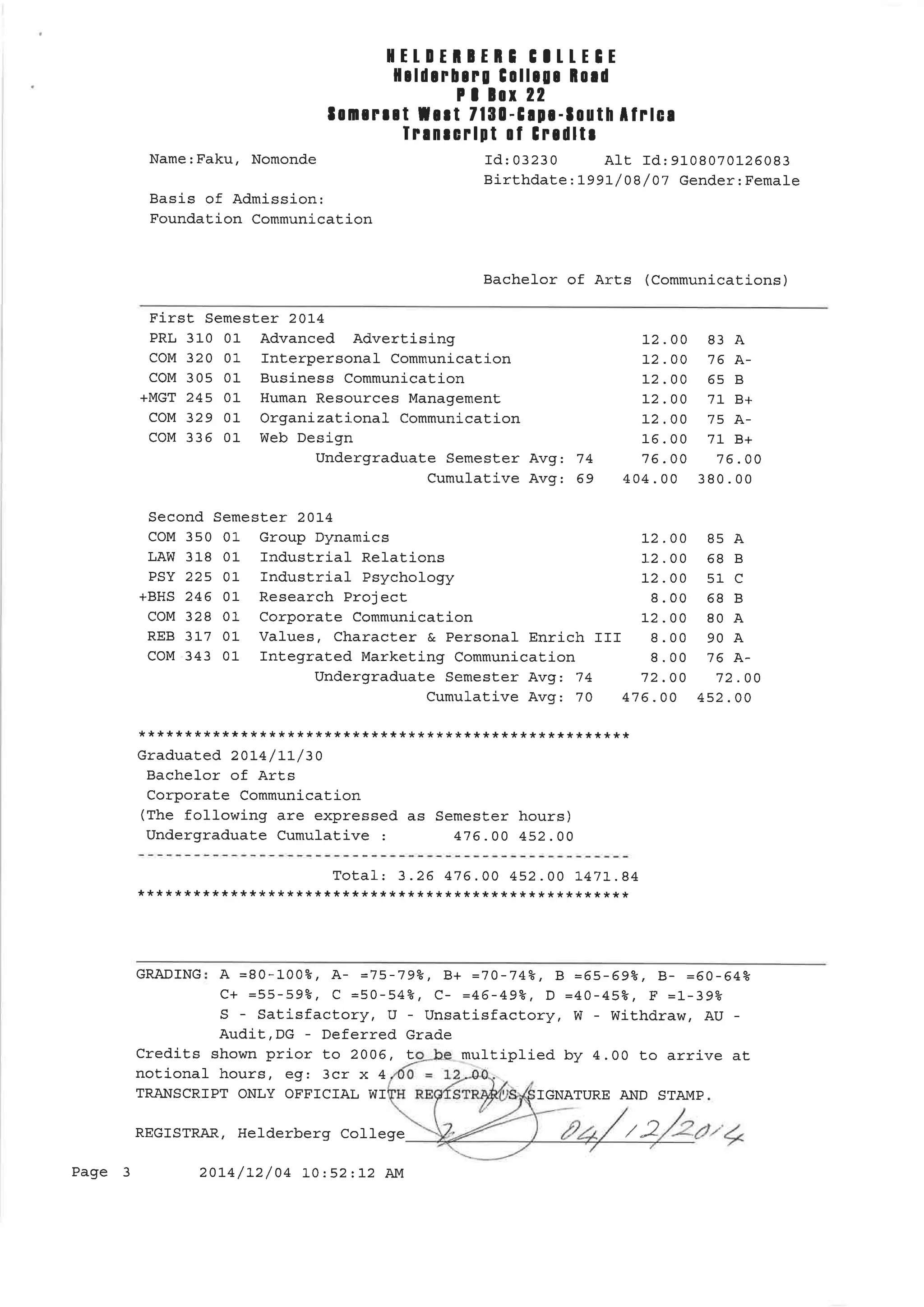 Degree and transcript