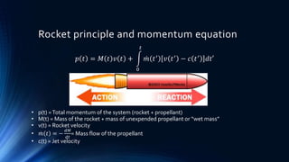 Rocket principle and momentum equation
𝑝 𝑡 = 𝑀 𝑡 𝑣 𝑡 +
0
𝑡
𝑚 𝑡′ 𝑣 𝑡′ − 𝑐 𝑡′ 𝑑𝑡′
• p(t) =Total momentum of the system (rocket + propellant)
• M(t) = Mass of the rocket + mass of unexpended propellant or “wet mass”
• v(t) = Rocket velocity
• 𝑚 𝑡 = −
𝑑𝑀
𝑑𝑡
= Mass flow of the propellant
• c(t) = Jet velocity
 