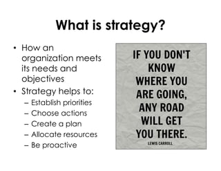 What is strategy?
• How an
organization meets
its needs and
objectives
• Strategy helps to:
– Establish priorities
– Choose actions
– Create a plan
– Allocate resources
– Be proactive
 