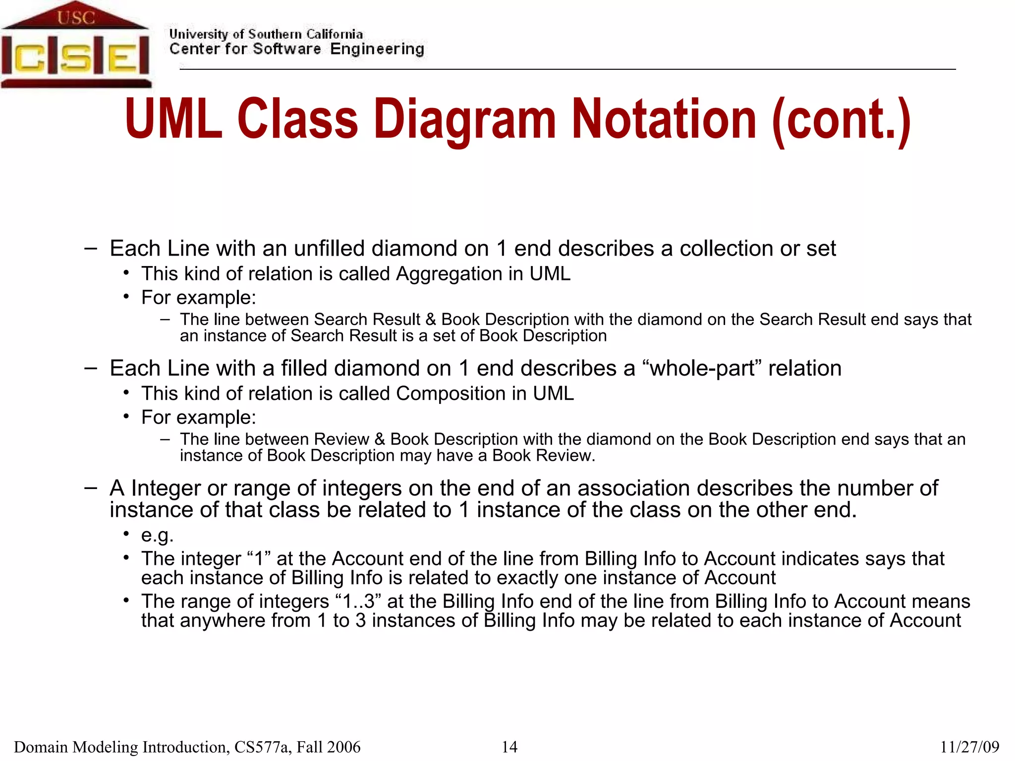 UML Class Diagram Notation (cont.) Each Line with an unfilled diamond on 1 end describes a collection or set This kind of relation is called Aggregation in UML For example:  The line between Search Result & Book Description with the diamond on the Search Result end says that an instance of Search Result is a set of Book Description Each Line with a filled diamond on 1 end describes a “whole-part” relation This kind of relation is called Composition in UML For example:  The line between Review & Book Description with the diamond on the Book Description end says that an instance of Book Description may have a Book Review. A Integer or range of integers on the end of an association describes the number of instance of that class be related to 1 instance of the class on the other end. e.g. The integer “1” at the Account end of the line from Billing Info to Account indicates says that each instance of Billing Info is related to exactly one instance of Account The range of integers “1..3” at the Billing Info end of the line from Billing Info to Account means that anywhere from 1 to 3 instances of Billing Info may be related to each instance of Account 