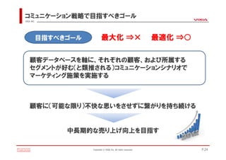 コミュニケーション戦略で目指すべきゴール
VIXIA INC.




             目指すべきゴール           最大化 ⇒×                                最適化 ⇒○

    顧客データベースを軸に、それぞれの顧客、および所属する
    セグメントが好む（と類推される）コミュニケーションシナリオで
    マーケティング施策を実施する



    顧客に（可能な限り）不快な思いをさせずに繋がりを持ち続ける


                  中長期的な売り上げ向上を目指す

                        Copyright(c)VIXIA Inc. All rights reserved.            P.24
 