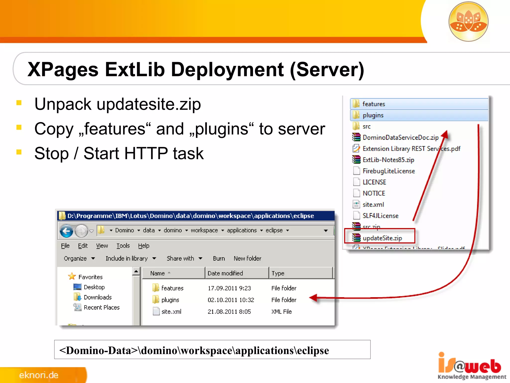 XPages ExtLib Deployment (Server)
 Unpack updatesite.zip
 Copy „features“ and „plugins“ to server
 Stop / Start HTTP task




     <Domino-Data>dominoworkspaceapplicationseclipse
 