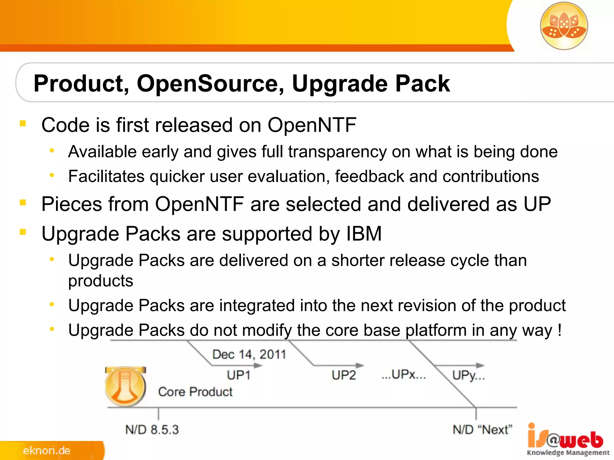 Product, OpenSource, Upgrade Pack
 Code is first released on OpenNTF
   • Available early and gives full transparency on what is being done
   • Facilitates quicker user evaluation, feedback and contributions
 Pieces from OpenNTF are selected and delivered as UP
 Upgrade Packs are supported by IBM
   • Upgrade Packs are delivered on a shorter release cycle than
     products
   • Upgrade Packs are integrated into the next revision of the product
   • Upgrade Packs do not modify the core base platform in any way !
 