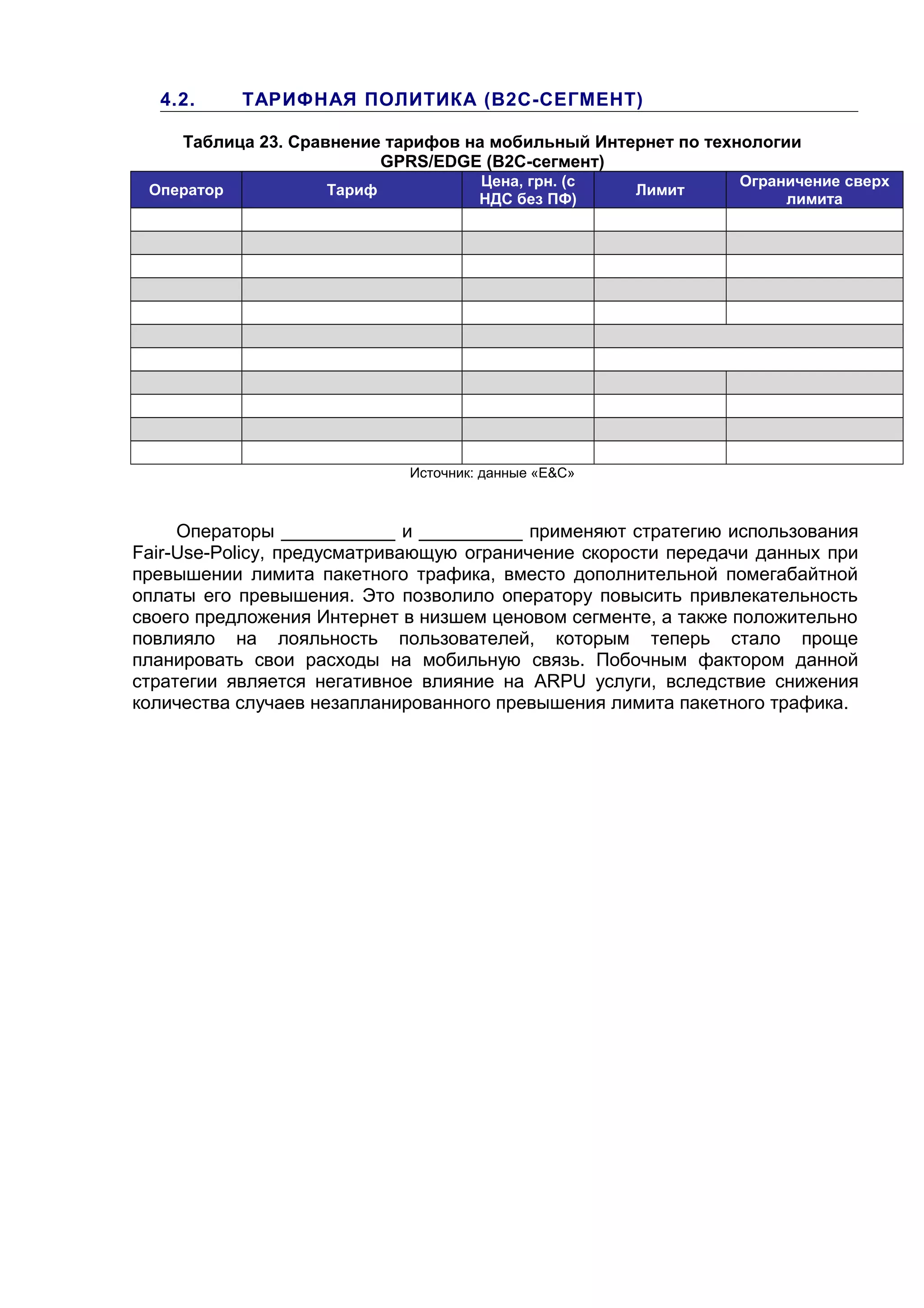 4.2. ТАРИФНАЯ ПОЛИТИКА (B2C-СЕГМЕНТ)
Таблица 23. Сравнение тарифов на мобильный Интернет по технологии
GPRS/EDGE (B2C-сегмент)
Оператор Тариф
Цена, грн. (с
НДС без ПФ)
Лимит
Ограничение сверх
лимита
Источник: данные «E&С»
Операторы ___________ и __________ применяют стратегию использования
Fair-Use-Policy, предусматривающую ограничение скорости передачи данных при
превышении лимита пакетного трафика, вместо дополнительной помегабайтной
оплаты его превышения. Это позволило оператору повысить привлекательность
своего предложения Интернет в низшем ценовом сегменте, а также положительно
повлияло на лояльность пользователей, которым теперь стало проще
планировать свои расходы на мобильную связь. Побочным фактором данной
стратегии является негативное влияние на ARPU услуги, вследствие снижения
количества случаев незапланированного превышения лимита пакетного трафика.
 