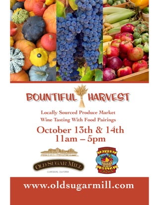 www.oldsugarmill.com
CLARKSBURG, CALIFORNIA
Locally Sourced Produce Market
Wine Tasting With Food Pairings
Bountiful Harvest
October 13th & 14th
11am – 5pm
 