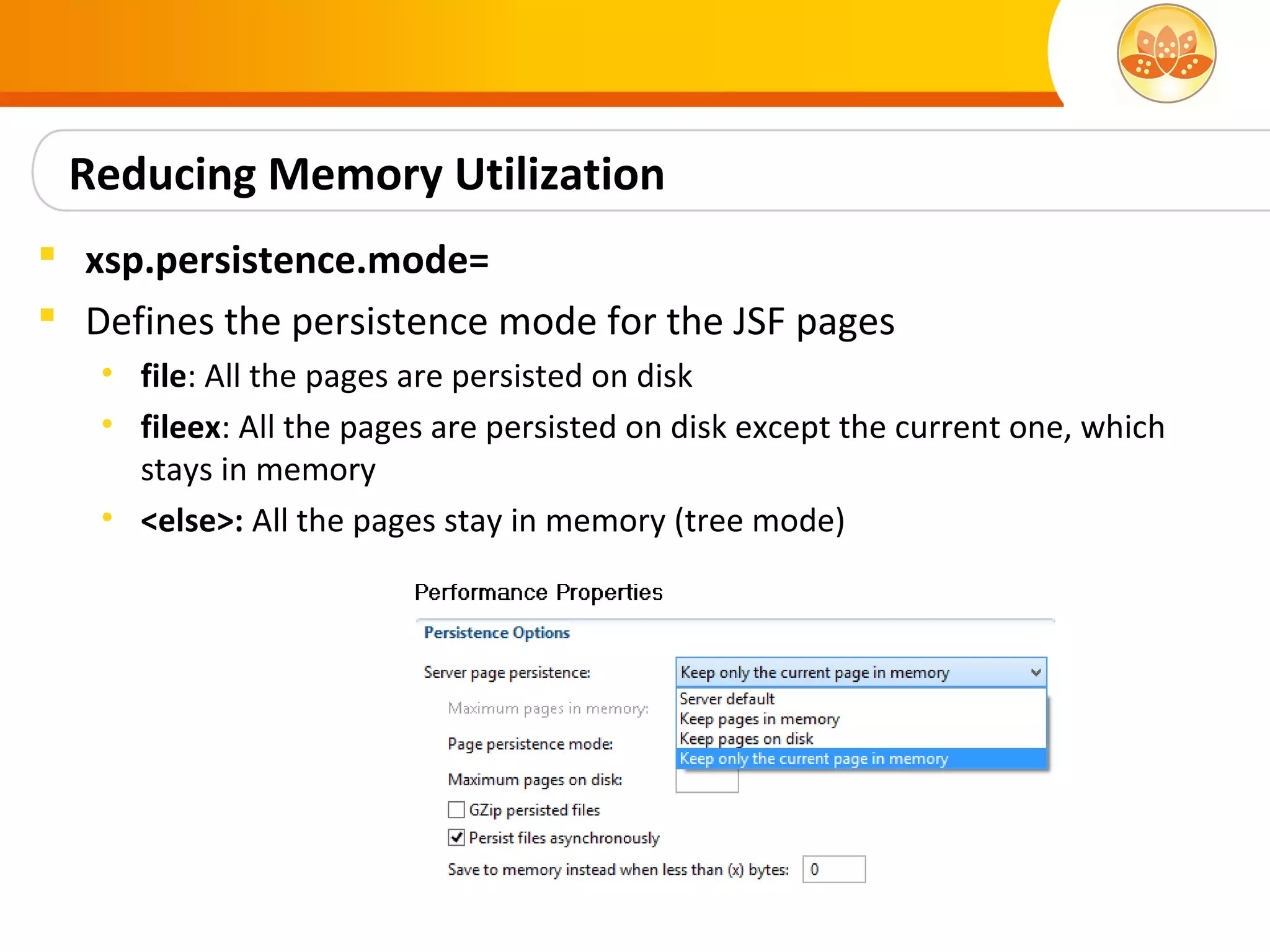 Reducing Memory Utilization
 xsp.persistence.mode=
 Defines the persistence mode for the JSF pages
   • file: All the pages are persisted on disk
   • fileex: All the pages are persisted on disk except the current one, which
     stays in memory
   • <else>: All the pages stay in memory (tree mode)
 
