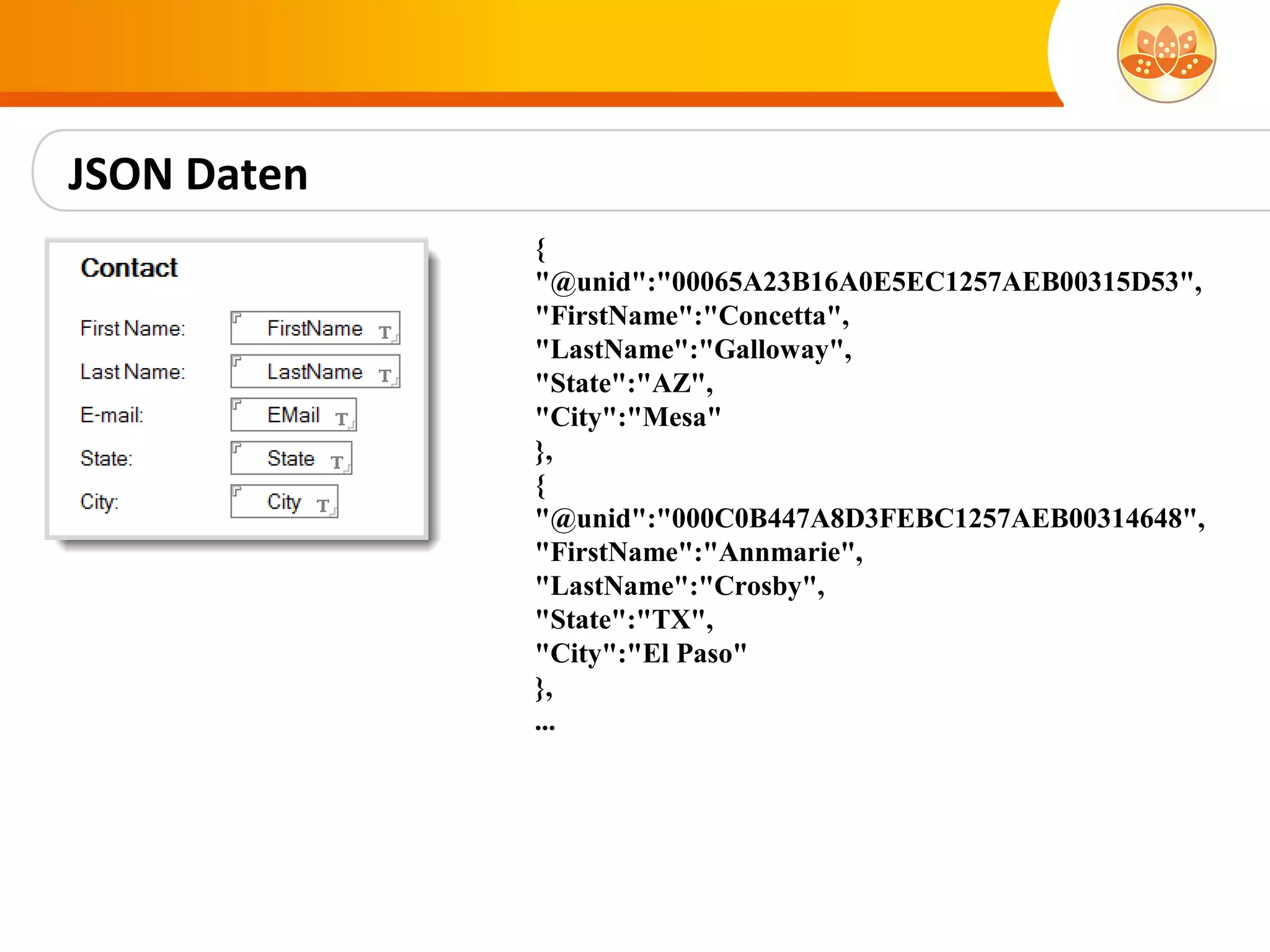 JSON Daten
             {
             "@unid":"00065A23B16A0E5EC1257AEB00315D53",
             "FirstName":"Concetta",
             "LastName":"Galloway",
             "State":"AZ",
             "City":"Mesa"
             },
             {
             "@unid":"000C0B447A8D3FEBC1257AEB00314648",
             "FirstName":"Annmarie",
             "LastName":"Crosby",
             "State":"TX",
             "City":"El Paso"
             },
             ...
 