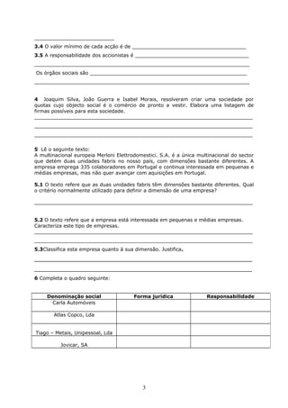 __________________________
3.4 O valor mínimo de cada acção é de _____________________________________
3.5 A responsabilidade dos accionistas é _____________________________________
______________________________________________________________________
Os órgãos sociais são ___________________________________________________
______________________________________________________________________
4 Joaquim Silva, João Guerra e Isabel Morais, resolveram criar uma sociedade por
quotas cujo objecto social é o comércio de pronto a vestir. Elabora uma listagem de
firmas possíveis para esta sociedade.
_______________________________________________________________________
_______________________________________________________________________
_______________________________________________________________________
5 Lê o seguinte texto:
A multinacional europeia Merloni Elettrodomestici. S.A. é a única multinacional do sector
que detém duas unidades fabris no nosso país, com dimensões bastante diferentes. A
empresa emprega 335 colaboradores em Portugal e continua interessada em pequenas e
médias empresas, mas não quer avançar com aquisições em Portugal.
5.1 O texto refere que as duas unidades fabris têm dimensões bastante diferentes. Qual
o critério normalmente utilizado para definir a dimensão de uma empresa?
_______________________________________________________________________
5.2 O texto refere que a empresa está interessada em pequenas e médias empresas.
Caracteriza este tipo de empresas.
_______________________________________________________________________
_______________________________________________________________________
5.3Classifica esta empresa quanto à sua dimensão. Justifica.

___________________________________________________________________________
___________________________________________________________________________
6 Completa o quadro seguinte:

Denominação social
Carla Automóveis

Forma jurídica

Atlas Copco, Lda

Tiago – Metais, Unipessoal, Lda
Jovicar, SA

3

Responsabilidade

 