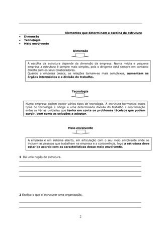 Elementos que determinam a escolha da estrutura
• Dimensão
• Tecnologia
• Meio envolvente
Dimensão
Tecnologia
Meio envolvente
1 Dá uma noção de estrutura.
_______________________________________________________________________
_______________________________________________________________________
_______________________________________________________________________
_______________________________________________________________________
2 Explica o que é estruturar uma organização.
_______________________________________________________________________
_______________________________________________________________________
2
A escolha da estrutura depende da dimensão da empresa. Numa média e pequena
empresa a estrutura é sempre mais simples, pois o dirigente está sempre em contacto
directo com os seus colaboradores.
Quando a empresa cresce, as relações tornam-se mais complexas, aumentam os
órgãos intermédios e a divisão do trabalho.
Numa empresa podem existir vários tipos de tecnologia. A estrutura harmoniza esses
tipos de tecnologia e obriga a uma determinada divisão do trabalho e coordenação
entre as várias unidades que tenha em conta os problemas técnicos que podem
surgir, bem como as soluções a adoptar.
A empresa é um sistema aberto, em articulação com o seu meio envolvente onde se
incluem as pessoas que trabalham na empresa e a concorrência, logo a estrutura deve
estar de acordo com as características desse meio envolvente.
 