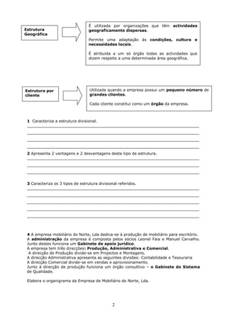 2
1 Caracteriza a estrutura divisional.
_______________________________________________________________________
_______________________________________________________________________
_______________________________________________________________________
_______________________________________________________________________
2 Apresenta 2 vantagens e 2 desvantagens deste tipo de estrutura.
_______________________________________________________________________
_______________________________________________________________________
_______________________________________________________________________
3 Caracteriza os 3 tipos de estrutura divisional referidos.
_______________________________________________________________________
_______________________________________________________________________
_______________________________________________________________________
_______________________________________________________________________
_______________________________________________________________________
4 A empresa mobiliário do Norte, Lda dedica-se à produção de mobiliário para escritório.
A administração da empresa é composta pelos sócios Leonel Faia e Manuel Carvalho.
Junto destes funciona um Gabinete de apoio jurídico.
A empresa tem três direcções: Produção, Administrativa e Comercial.
A direcção de Produção divide-se em Projectos e Montagens.
A direcção Administrativa apresenta as seguintes divisões: Contabilidade e Tesouraria
A direcção Comercial divide-se em vendas e aprovisionamento.
Junto à direcção de produção funciona um órgão consultivo – o Gabinete do Sistema
de Qualidade.
Elabora o organigrama da Empresa de Mobiliário do Norte, Lda.
Estrutura
Geográfica
É utilizada por organizações que têm actividades
geograficamente dispersas.
Permite uma adaptação às condições, cultura e
necessidades locais.
É atribuída a um só órgão todas as actividades que
dizem respeito a uma determinada área geográfica.
Estrutura por
cliente
Utilizada quando a empresa possui um pequeno número de
grandes clientes.
Cada cliente constitui como um órgão da empresa.
 