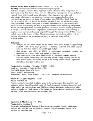 Page 2 of 5
Edward Shands Adult School (OUSD) -- Oakland, CA 2006 - 2007
Secretary – (Letters of Recommendations available...