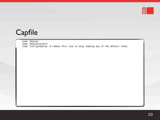 Capﬁle
 load 'deploy'
 load 'deploy/assets'
 load 'config/deploy' # remove this line to skip loading any of the default tasks




                                                                                    20
 