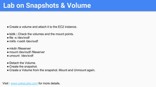 Lab on Snapshots & Volume
● Create a volume and attach it to the EC2 instance.
● lsblk : Check the volumes and the mount p...