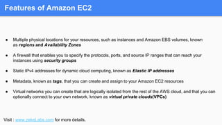 Features of Amazon EC2
● Multiple physical locations for your resources, such as instances and Amazon EBS volumes, known
a...