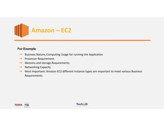 Web Services
For Example
➔ Business Nature, Computing Usage for running the Application
➔ Processor Requirement.
➔ Memory and storage Requirements.
➔ Networking Capacity
➔ Most Important: Amazon EC2 different Instance types are important to meet various Business
Requirements.
Amazon – EC2
 