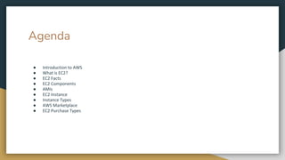 Agenda
● Introduction to AWS
● What is EC2?
● EC2 Facts
● EC2 Components
● AMIs
● EC2 Instance
● Instance Types
● AWS Marketplace
● EC2 Purchase Types
 