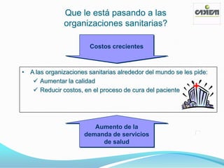 Que le está pasando a las
              organizaciones sanitarias?

                        Costos crecientes



• A las organizaciones sanitarias alrededor del mundo se les pide:
    Aumentar la calidad
    Reducir costos, en el proceso de cura del paciente     +


                         Aumento de la
                      demanda de servicios
                           de salud
 