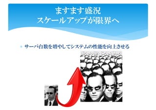 ∗ サーバ台数を増やしてシステムの性能を向上させる
ますます盛況
スケールアップが限界へ
 