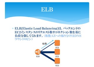 ∗ ＥＬＢ(Ｅｌａｓｔｉｃ Ｌｏａｄ Ｂａｌａｎｃｉｎｇ)は、バックエンドの
ＥＣ２インスタンスのリクエスト数やコネクション数を基に
負荷分散してくれます。（複数ＡＺへの振り分けはＤＮＳ
ラウンドロビン）
ＥＬＢ
EC2
EC2ELB
EC2
均等
 