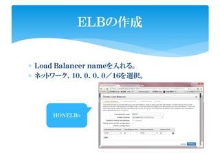 ∗ Ｌｏａｄ Ｂａｌａｎｃｅｒ ｎａｍｅを入れる。
∗ ネットワーク、１０．０．０．０／１６を選択。
ＥＬＢの作成
ＨＯＮＥＬＢnＨＯＮＥＬＢn
 