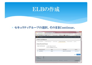 ∗ セキュリティグループの選択、そのままＣｏｎｔｉｎｕｅ。
ＥＬＢの作成
 