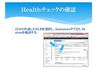 ∗ 自分の作成したＥＬＢを選択し、Ｉｎｓｔａｎｃｅｓタブより、Ｓｔ
ａｔｕｓを確認する。
Ｈｅａｌｔｈチェックの確認
 