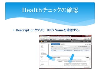 ∗ Ｄｅｓｃｒｉｐｔｉｏｎタブより、ＤＮＳ Ｎａｍｅを確認する。
Ｈｅａｌｔｈチェックの確認
 
