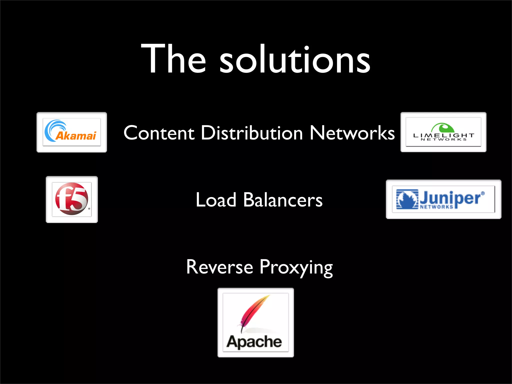 The solutions
Content Distribution Networks
Load Balancers
Reverse Proxying
 
