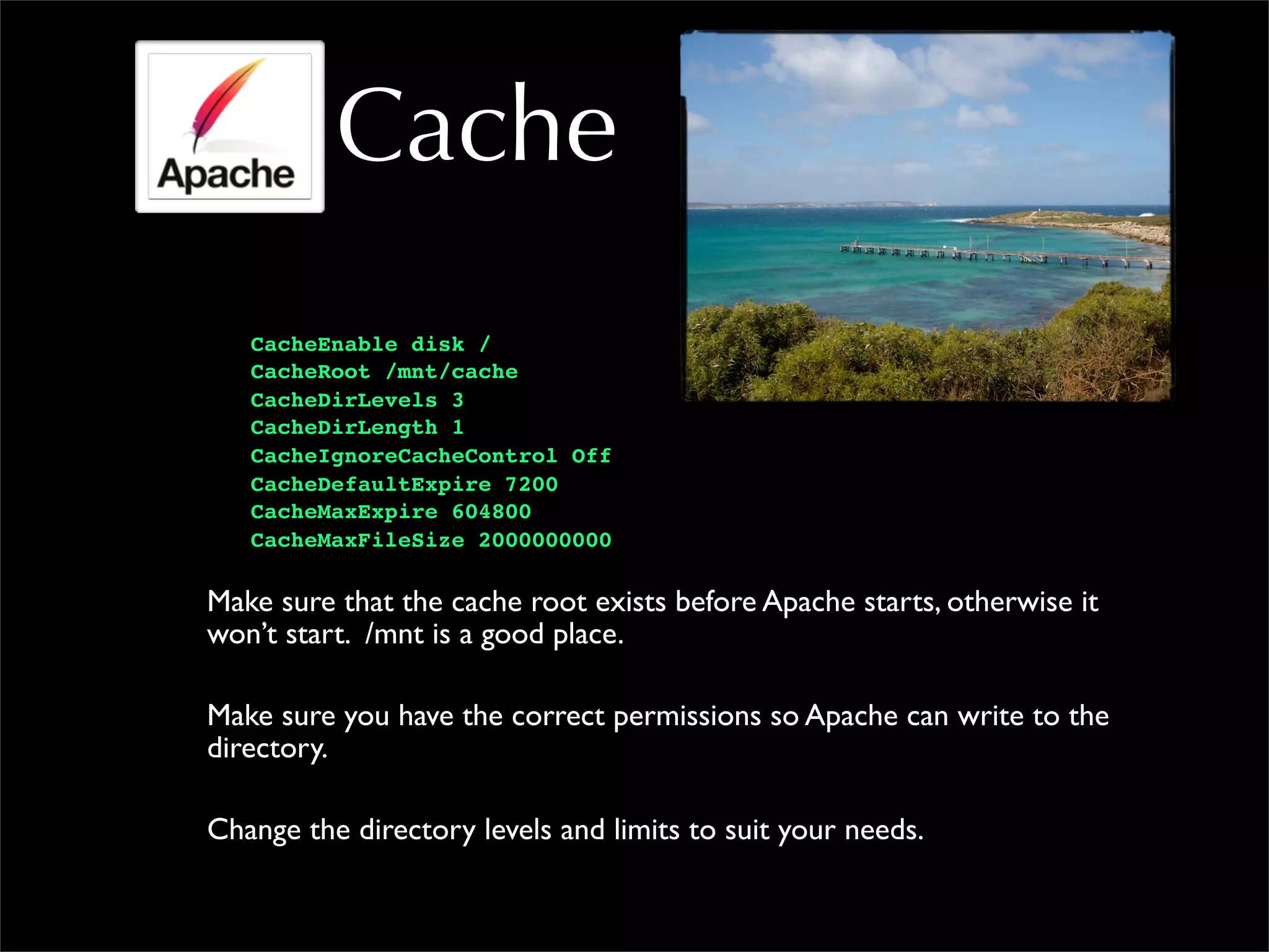 Cache
CacheEnable disk /
CacheRoot /mnt/cache
CacheDirLevels 3
CacheDirLength 1
CacheIgnoreCacheControl Off
CacheDefaultExpire 7200
CacheMaxExpire 604800
CacheMaxFileSize 2000000000
Make sure that the cache root exists before Apache starts, otherwise it
won’t start. /mnt is a good place.
Make sure you have the correct permissions so Apache can write to the
directory.
Change the directory levels and limits to suit your needs.
 