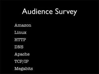 Audience Survey
Amazon
Linux
HTTP
DNS
Apache
TCP/IP
Megabits
 