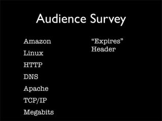 Audience Survey
Amazon
Linux
HTTP
DNS
Apache
TCP/IP
Megabits
“Expires”
Header
 