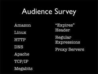 Audience Survey
Amazon
Linux
HTTP
DNS
Apache
TCP/IP
Megabits
“Expires”
Header
Regular
Expressions
Proxy Servers
 