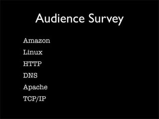 Audience Survey
Amazon
Linux
HTTP
DNS
Apache
TCP/IP
 