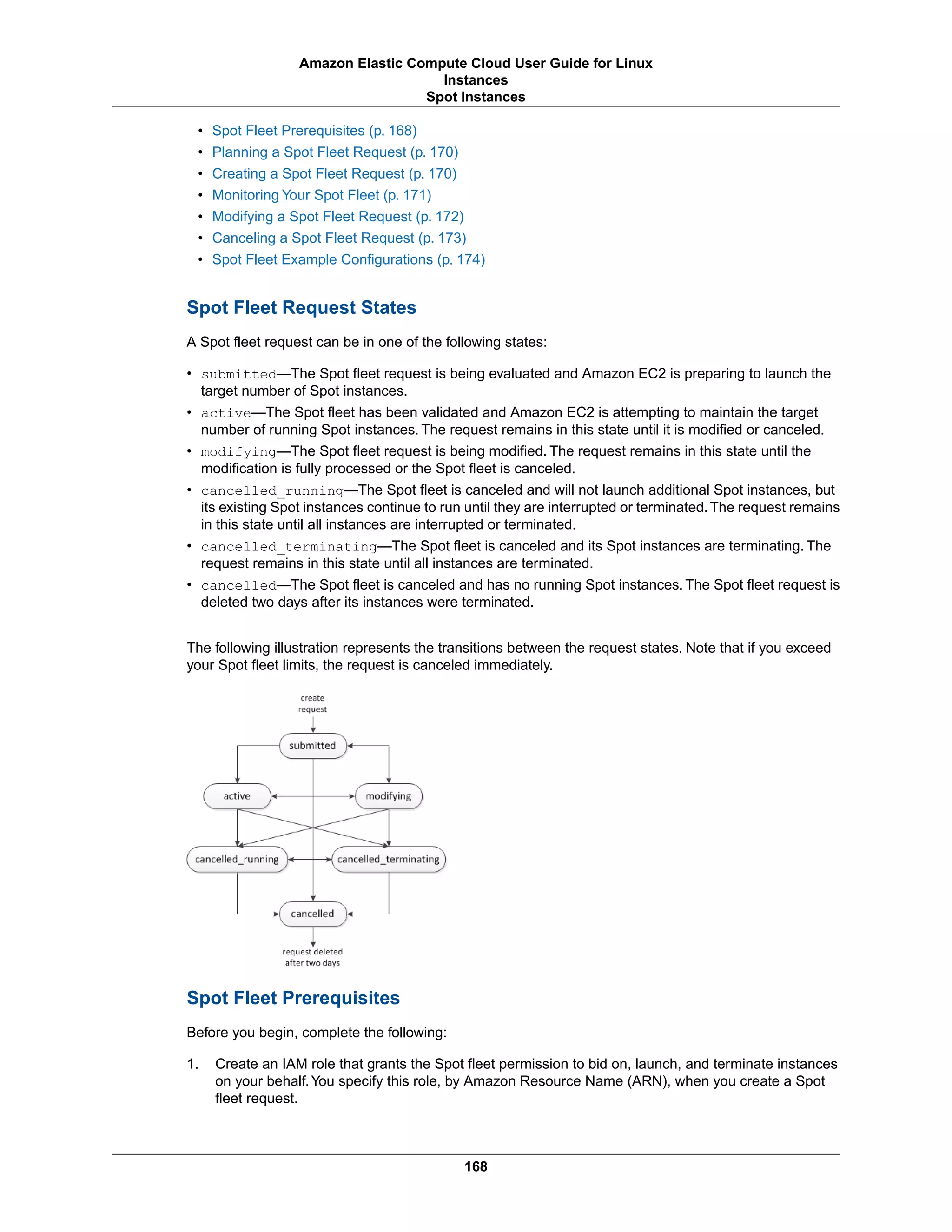 • Spot Fleet Prerequisites (p. 168)
• Planning a Spot Fleet Request (p. 170)
• Creating a Spot Fleet Request (p. 170)
• Monitoring Your Spot Fleet (p. 171)
• Modifying a Spot Fleet Request (p. 172)
• Canceling a Spot Fleet Request (p. 173)
• Spot Fleet Example Configurations (p. 174)
Spot Fleet Request States
A Spot fleet request can be in one of the following states:
• submitted—The Spot fleet request is being evaluated and Amazon EC2 is preparing to launch the
target number of Spot instances.
• active—The Spot fleet has been validated and Amazon EC2 is attempting to maintain the target
number of running Spot instances. The request remains in this state until it is modified or canceled.
• modifying—The Spot fleet request is being modified. The request remains in this state until the
modification is fully processed or the Spot fleet is canceled.
• cancelled_running—The Spot fleet is canceled and will not launch additional Spot instances, but
its existing Spot instances continue to run until they are interrupted or terminated.The request remains
in this state until all instances are interrupted or terminated.
• cancelled_terminating—The Spot fleet is canceled and its Spot instances are terminating. The
request remains in this state until all instances are terminated.
• cancelled—The Spot fleet is canceled and has no running Spot instances. The Spot fleet request is
deleted two days after its instances were terminated.
The following illustration represents the transitions between the request states. Note that if you exceed
your Spot fleet limits, the request is canceled immediately.
Spot Fleet Prerequisites
Before you begin, complete the following:
1. Create an IAM role that grants the Spot fleet permission to bid on, launch, and terminate instances
on your behalf.You specify this role, by Amazon Resource Name (ARN), when you create a Spot
fleet request.
168
Amazon Elastic Compute Cloud User Guide for Linux
Instances
Spot Instances
 