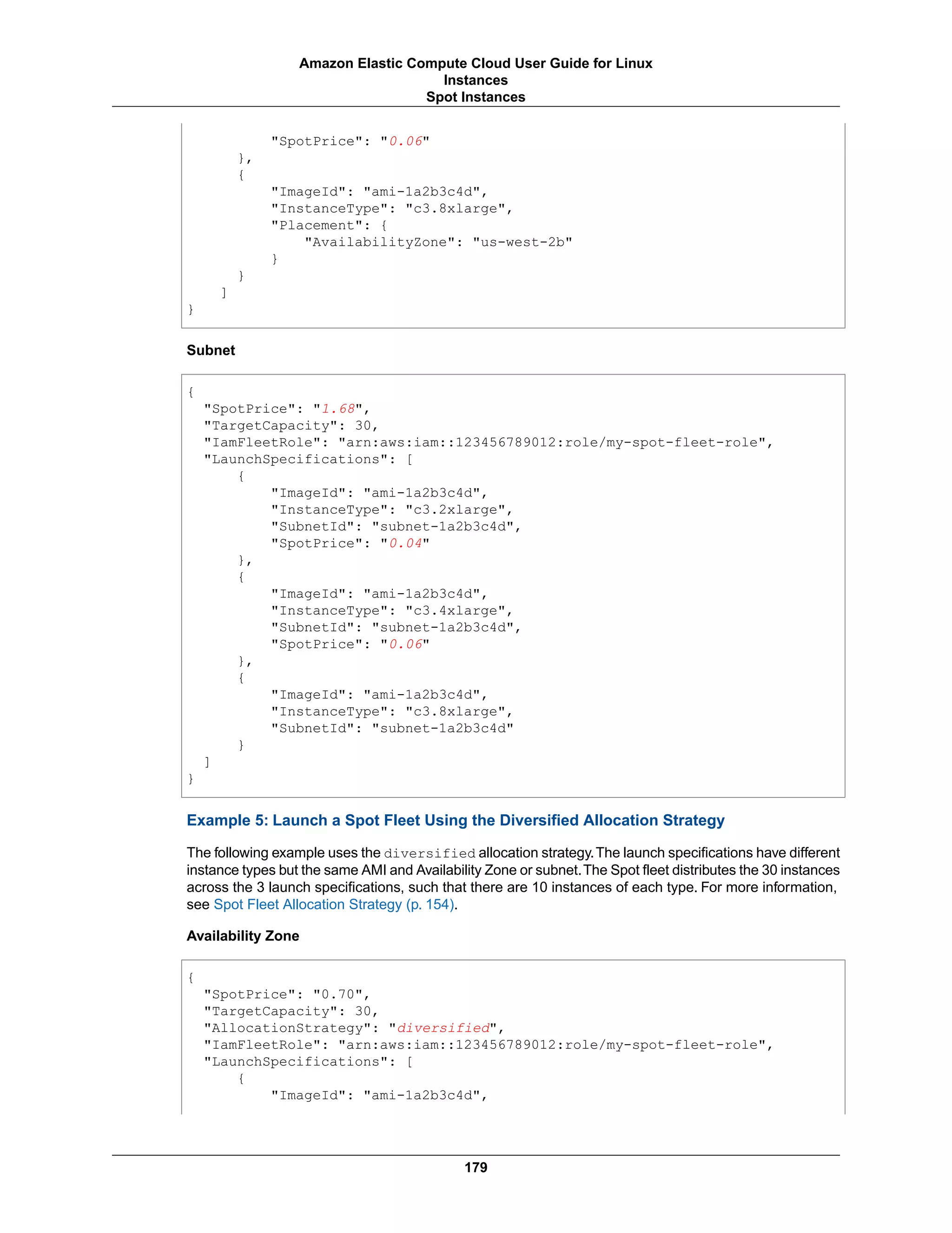"SpotPrice": "0.06"
},
{
"ImageId": "ami-1a2b3c4d",
"InstanceType": "c3.8xlarge",
"Placement": {
"AvailabilityZone": "us-west-2b"
}
}
]
}
Subnet
{
"SpotPrice": "1.68",
"TargetCapacity": 30,
"IamFleetRole": "arn:aws:iam::123456789012:role/my-spot-fleet-role",
"LaunchSpecifications": [
{
"ImageId": "ami-1a2b3c4d",
"InstanceType": "c3.2xlarge",
"SubnetId": "subnet-1a2b3c4d",
"SpotPrice": "0.04"
},
{
"ImageId": "ami-1a2b3c4d",
"InstanceType": "c3.4xlarge",
"SubnetId": "subnet-1a2b3c4d",
"SpotPrice": "0.06"
},
{
"ImageId": "ami-1a2b3c4d",
"InstanceType": "c3.8xlarge",
"SubnetId": "subnet-1a2b3c4d"
}
]
}
Example 5: Launch a Spot Fleet Using the Diversified Allocation Strategy
The following example uses the diversified allocation strategy.The launch specifications have different
instance types but the same AMI and Availability Zone or subnet.The Spot fleet distributes the 30 instances
across the 3 launch specifications, such that there are 10 instances of each type. For more information,
see Spot Fleet Allocation Strategy (p. 154).
Availability Zone
{
"SpotPrice": "0.70",
"TargetCapacity": 30,
"AllocationStrategy": "diversified",
"IamFleetRole": "arn:aws:iam::123456789012:role/my-spot-fleet-role",
"LaunchSpecifications": [
{
"ImageId": "ami-1a2b3c4d",
179
Amazon Elastic Compute Cloud User Guide for Linux
Instances
Spot Instances
 