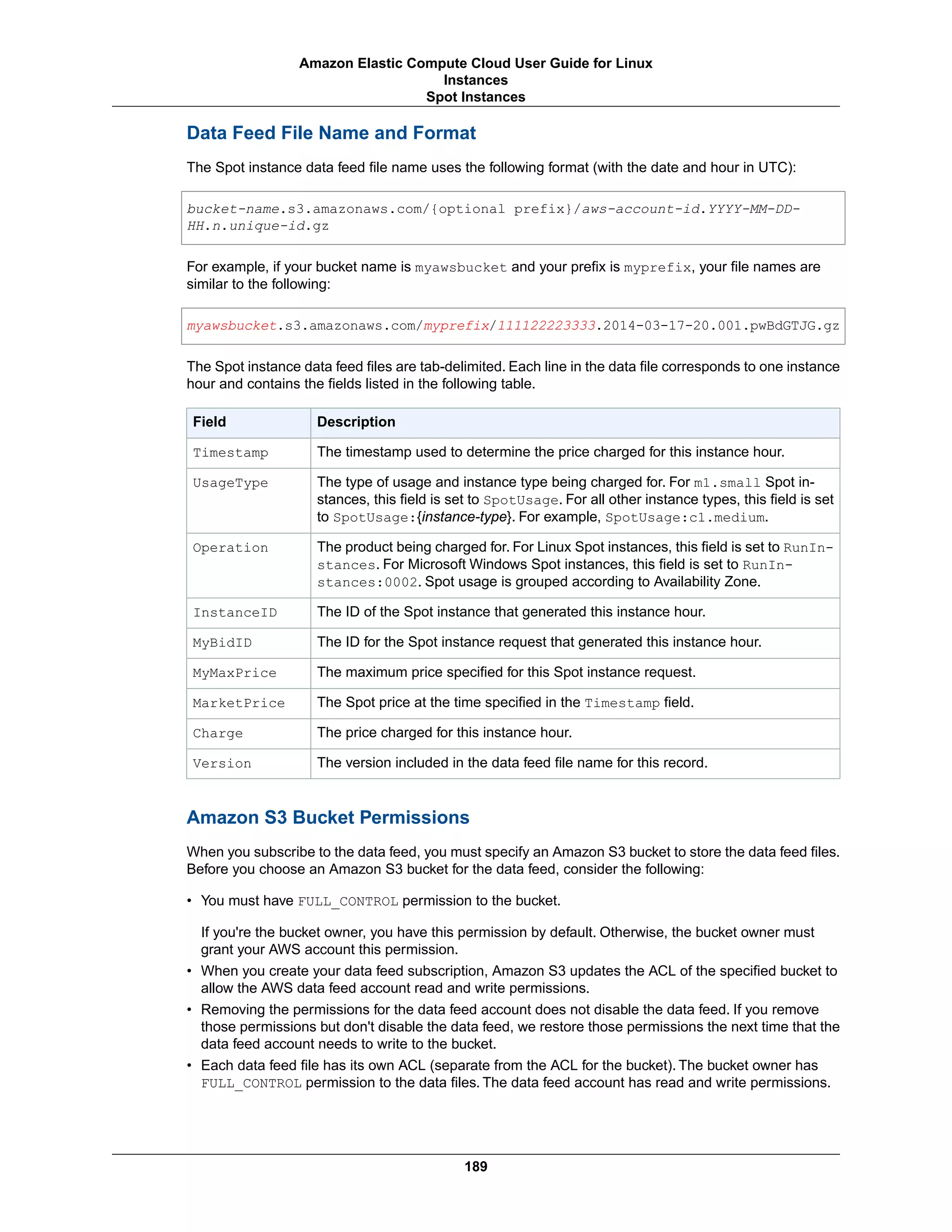 Data Feed File Name and Format
The Spot instance data feed file name uses the following format (with the date and hour in UTC):
bucket-name.s3.amazonaws.com/{optional prefix}/aws-account-id.YYYY-MM-DD-
HH.n.unique-id.gz
For example, if your bucket name is myawsbucket and your prefix is myprefix, your file names are
similar to the following:
myawsbucket.s3.amazonaws.com/myprefix/111122223333.2014-03-17-20.001.pwBdGTJG.gz
The Spot instance data feed files are tab-delimited. Each line in the data file corresponds to one instance
hour and contains the fields listed in the following table.
DescriptionField
The timestamp used to determine the price charged for this instance hour.Timestamp
The type of usage and instance type being charged for. For m1.small Spot in-
stances, this field is set to SpotUsage. For all other instance types, this field is set
to SpotUsage:{instance-type}. For example, SpotUsage:c1.medium.
UsageType
The product being charged for. For Linux Spot instances, this field is set to RunIn-
stances. For Microsoft Windows Spot instances, this field is set to RunIn-
stances:0002. Spot usage is grouped according to Availability Zone.
Operation
The ID of the Spot instance that generated this instance hour.InstanceID
The ID for the Spot instance request that generated this instance hour.MyBidID
The maximum price specified for this Spot instance request.MyMaxPrice
The Spot price at the time specified in the Timestamp field.MarketPrice
The price charged for this instance hour.Charge
The version included in the data feed file name for this record.Version
Amazon S3 Bucket Permissions
When you subscribe to the data feed, you must specify an Amazon S3 bucket to store the data feed files.
Before you choose an Amazon S3 bucket for the data feed, consider the following:
• You must have FULL_CONTROL permission to the bucket.
If you're the bucket owner, you have this permission by default. Otherwise, the bucket owner must
grant your AWS account this permission.
• When you create your data feed subscription, Amazon S3 updates the ACL of the specified bucket to
allow the AWS data feed account read and write permissions.
• Removing the permissions for the data feed account does not disable the data feed. If you remove
those permissions but don't disable the data feed, we restore those permissions the next time that the
data feed account needs to write to the bucket.
• Each data feed file has its own ACL (separate from the ACL for the bucket). The bucket owner has
FULL_CONTROL permission to the data files. The data feed account has read and write permissions.
189
Amazon Elastic Compute Cloud User Guide for Linux
Instances
Spot Instances
 