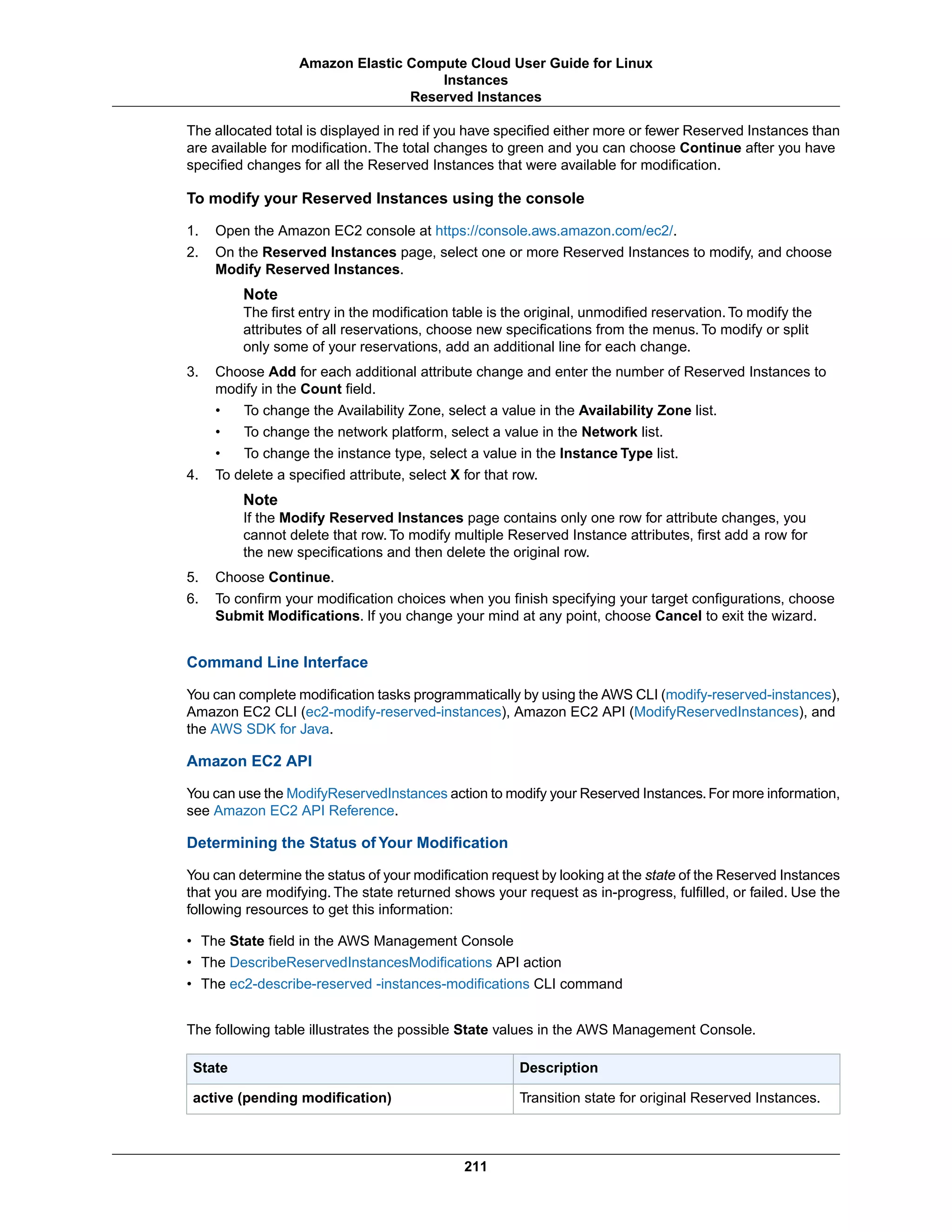 The allocated total is displayed in red if you have specified either more or fewer Reserved Instances than
are available for modification. The total changes to green and you can choose Continue after you have
specified changes for all the Reserved Instances that were available for modification.
To modify your Reserved Instances using the console
1. Open the Amazon EC2 console at https://console.aws.amazon.com/ec2/.
2. On the Reserved Instances page, select one or more Reserved Instances to modify, and choose
Modify Reserved Instances.
Note
The first entry in the modification table is the original, unmodified reservation.To modify the
attributes of all reservations, choose new specifications from the menus. To modify or split
only some of your reservations, add an additional line for each change.
3. Choose Add for each additional attribute change and enter the number of Reserved Instances to
modify in the Count field.
• To change the Availability Zone, select a value in the Availability Zone list.
• To change the network platform, select a value in the Network list.
• To change the instance type, select a value in the Instance Type list.
4. To delete a specified attribute, select X for that row.
Note
If the Modify Reserved Instances page contains only one row for attribute changes, you
cannot delete that row. To modify multiple Reserved Instance attributes, first add a row for
the new specifications and then delete the original row.
5. Choose Continue.
6. To confirm your modification choices when you finish specifying your target configurations, choose
Submit Modifications. If you change your mind at any point, choose Cancel to exit the wizard.
Command Line Interface
You can complete modification tasks programmatically by using the AWS CLI (modify-reserved-instances),
Amazon EC2 CLI (ec2-modify-reserved-instances), Amazon EC2 API (ModifyReservedInstances), and
the AWS SDK for Java.
Amazon EC2 API
You can use the ModifyReservedInstances action to modify your Reserved Instances.For more information,
see Amazon EC2 API Reference.
Determining the Status of Your Modification
You can determine the status of your modification request by looking at the state of the Reserved Instances
that you are modifying. The state returned shows your request as in-progress, fulfilled, or failed. Use the
following resources to get this information:
• The State field in the AWS Management Console
• The DescribeReservedInstancesModifications API action
• The ec2-describe-reserved -instances-modifications CLI command
The following table illustrates the possible State values in the AWS Management Console.
DescriptionState
Transition state for original Reserved Instances.active (pending modification)
211
Amazon Elastic Compute Cloud User Guide for Linux
Instances
Reserved Instances
 